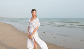 Woman white dress beach ocean 2 - contemporary fashion free wallpaper