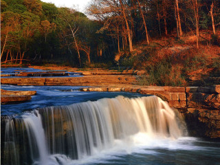 Waterfall forest autumn leaves bridge - alson s. clark free wallpaper