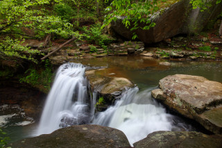 Small waterfall forest rocks trees 2 - a small waterfall in a forest free wallpaper