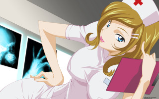 Cartoon nurse holding folder looking - promotional image free wallpaper for desktop