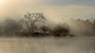 Foggy lake trees building cloudy - a foggy lake free wallpaper