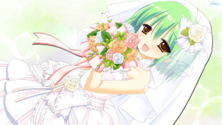 Woman green hair bouquet hugging - official art free wallpaper for desktop