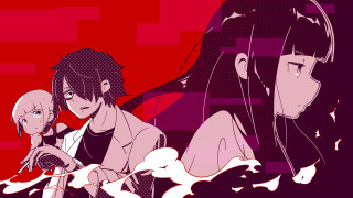 Anime couple sitting red background 2 - a couple of anime characters sitting next free wallpaper
