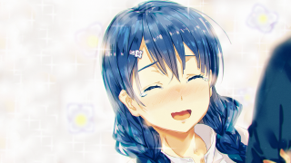 Blue hair girl smiling light - holding free wallpaper