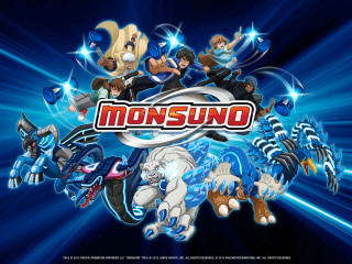 Cartoon characters monsund blue background - them in front free wallpaper