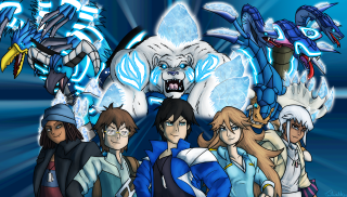 Group people blue background monster - baiōken eishun free wallpaper for desktop