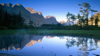Lake mountains trees blue sky - a few bird free wallpaper