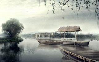 Boat docked lake hut roof 2 - cao buxing free wallpaper