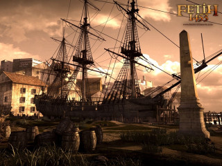 Pirate ship harbor statue city - cinematic free wallpaper for desktop
