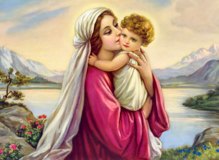 Woman child mountain flowers painting - a child free wallpaper