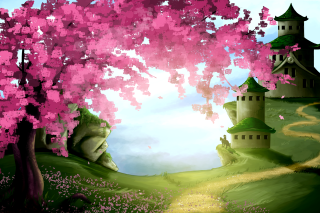 Pink tree castle path painting - a path free wallpaper