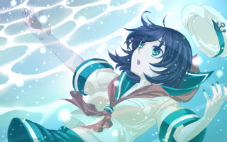 Woman sailor outfit floating water - her head and a hat free wallpaper