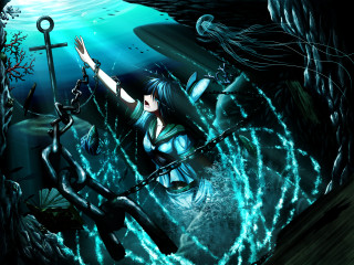 Woman blue dress sword cave - the water and a man free wallpaper