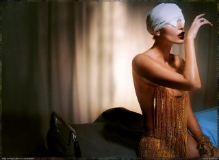 Woman gold dress towel head - her head and a hand free wallpaper