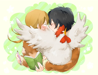 Couple hugging chicken book back - back free wallpaper