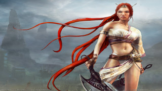 Woman red hair swords holding - aleksi briclot free wallpaper