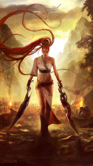 Woman two swords sword in - league of legends concept art free wallpaper