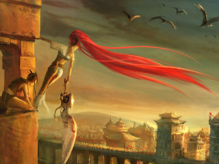 Woman hanging building red hair - a painting of a woman free wallpaper