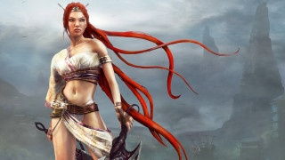 Woman red hair horns sword 2 - epic fantasy free wallpaper