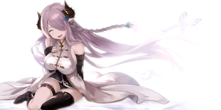 Woman long hair sitting sword - her hand and a butterfly free wallpaper