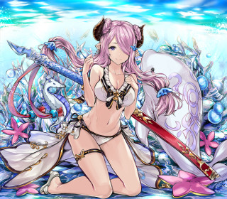 Woman pink hair horns sword - her hand and a demon free wallpaper