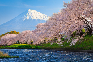 Mountain snow capped peak river - japan ukiyoe free wallpaper