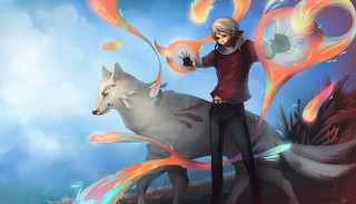 Man white wolf blue background - swirl free wallpaper