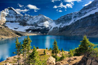 Mountain lake trees snowy peaks - the top of the mountain free wallpaper