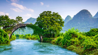 Bridge river mountains background river - a bridge in the middle free wallpaper