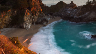 Beach waterfall cliff trees lake - a beach free wallpaper