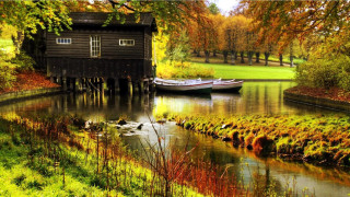 Boat docked cabin water park 2 - tree and grass free wallpaper
