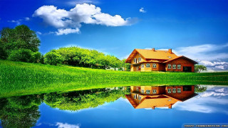 House lake reflection green field 2 - the water of a lake free wallpaper