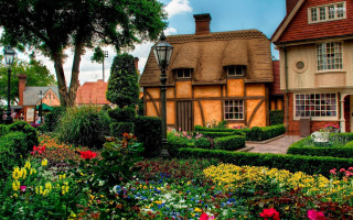 House garden flowers bench brickwall - a garden in front free wallpaper