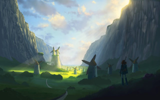 People field windmills mountain painting - 2 d game art free wallpaper