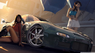 Woman sitting ground car standing - it in front free wallpaper