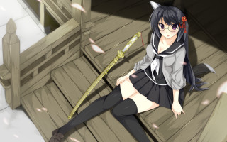 Woman sitting wooden floor sword - shin hanga free wallpaper