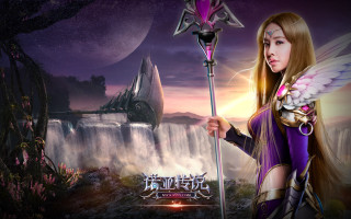 Woman holding staff waterfall dragon - fantasy art free wallpaper