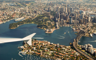 City bridge plane window wing - aerial free wallpaper