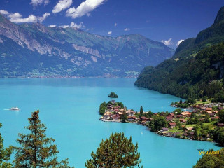 Lake mountains boat town forest - mountain and trees free wallpaper