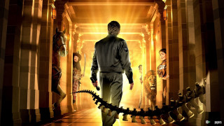 Man suit dinosaur hallway cyberpunk - barclay shaw free wallpaper