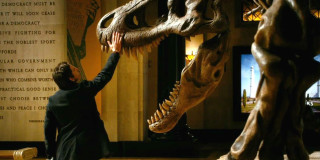 Man touching dinosaur museum exhibit - the background and a man in a suit free wallpaper