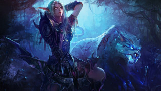Woman bow wolf forest trees - arent arentsz free wallpaper