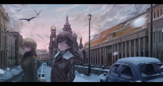 Couple snow street car building - fedot sychkov free wallpaper