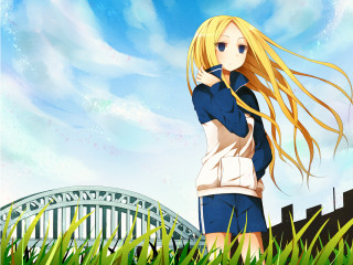 Girl long hair grass bridge - a blue sky free wallpaper