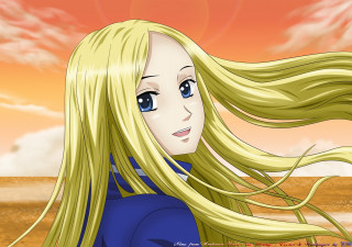 Cartoon girl long blonde hair - sōsaku hanga free wallpaper