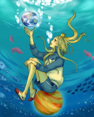Woman sitting ball underwater fish - a storybook illustration free wallpaper