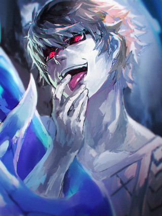 Man blue shirt red eyes - red eyes holding free wallpaper