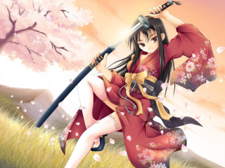 Woman red dress sword flowered - anime art free wallpaper