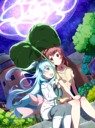 Anime girls ledge umbrella night - a green leaf free wallpaper