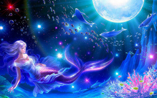 Mermaid swimming ocean full moon - underwater free wallpaper